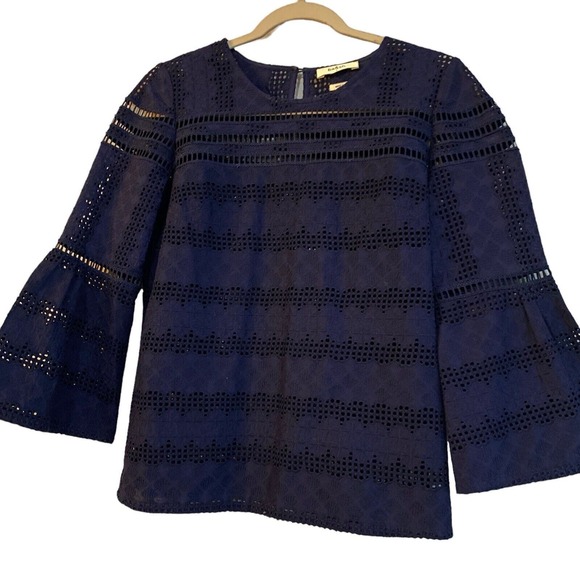 ba&sh Blouse Size Small Navy Blue Bell 3/4 Sleeve Women's Gianna Lace Eyelet - Picture 5 of 8